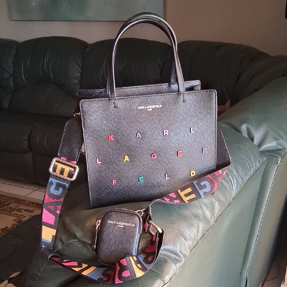 Karl Lagerfeld Paris Black Satchel with Colorful Lettering. NWT.
